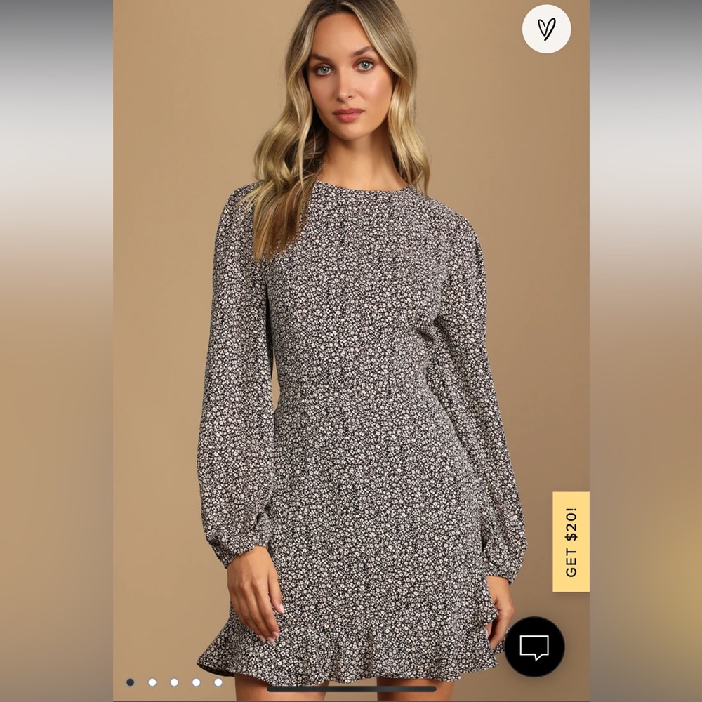 Lulus Black Floral Long Sleeve open back dress